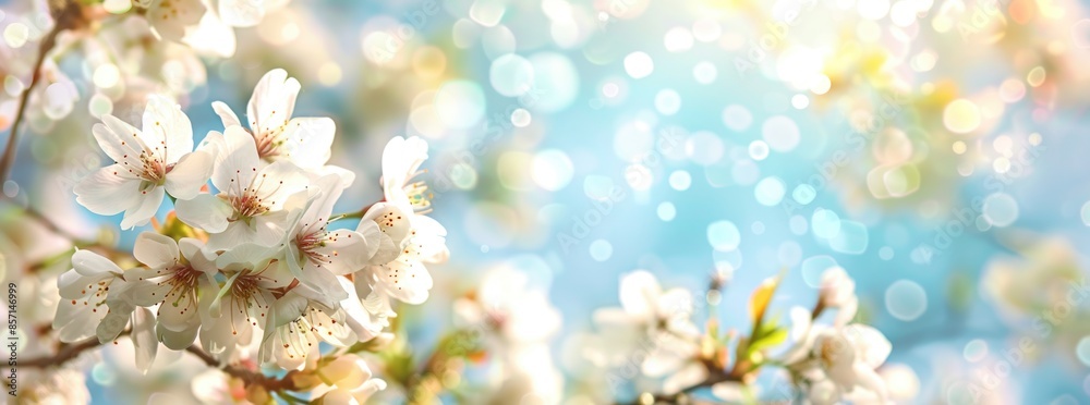 Beautiful blooming cherry tree flowers on blurred blue sky and sun rays.