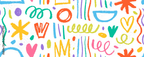 Childish girly style crayon doodle seamless pattern. Hand drawn colorful doodle squiggles, shapes, crowns and dots. Pencil or charcoal drawings. Fun abstract shapes seamless banner.