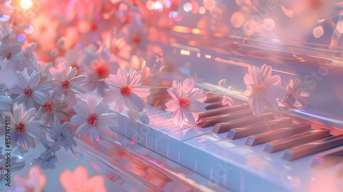 Pink and white glass piano and flowers illustration poster background