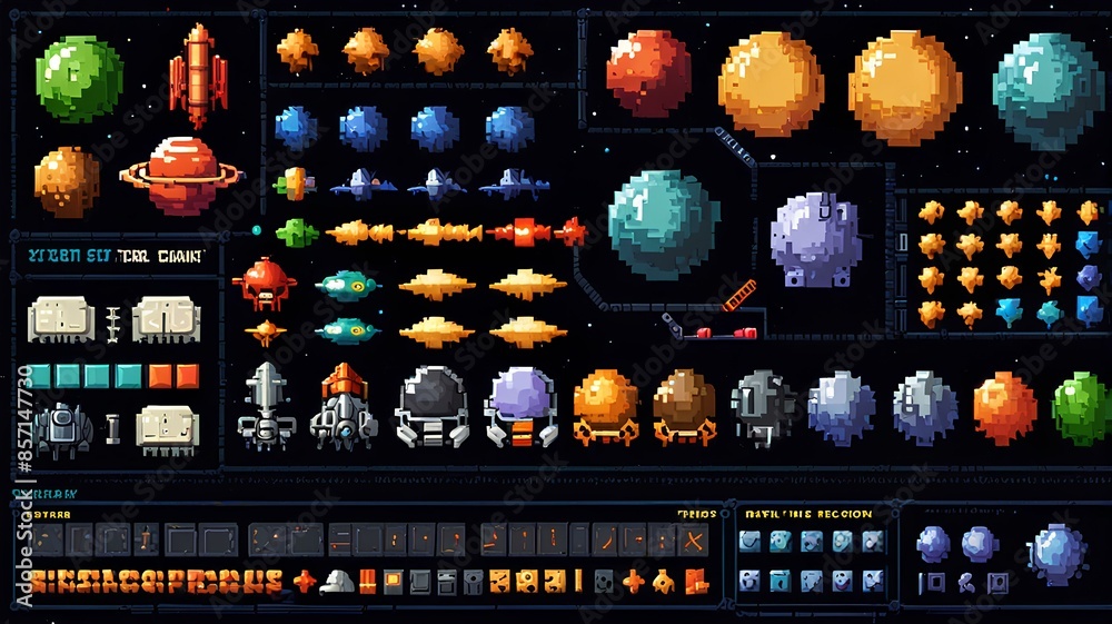 An 8bit pixel art game asset collection, featuring space planets ...