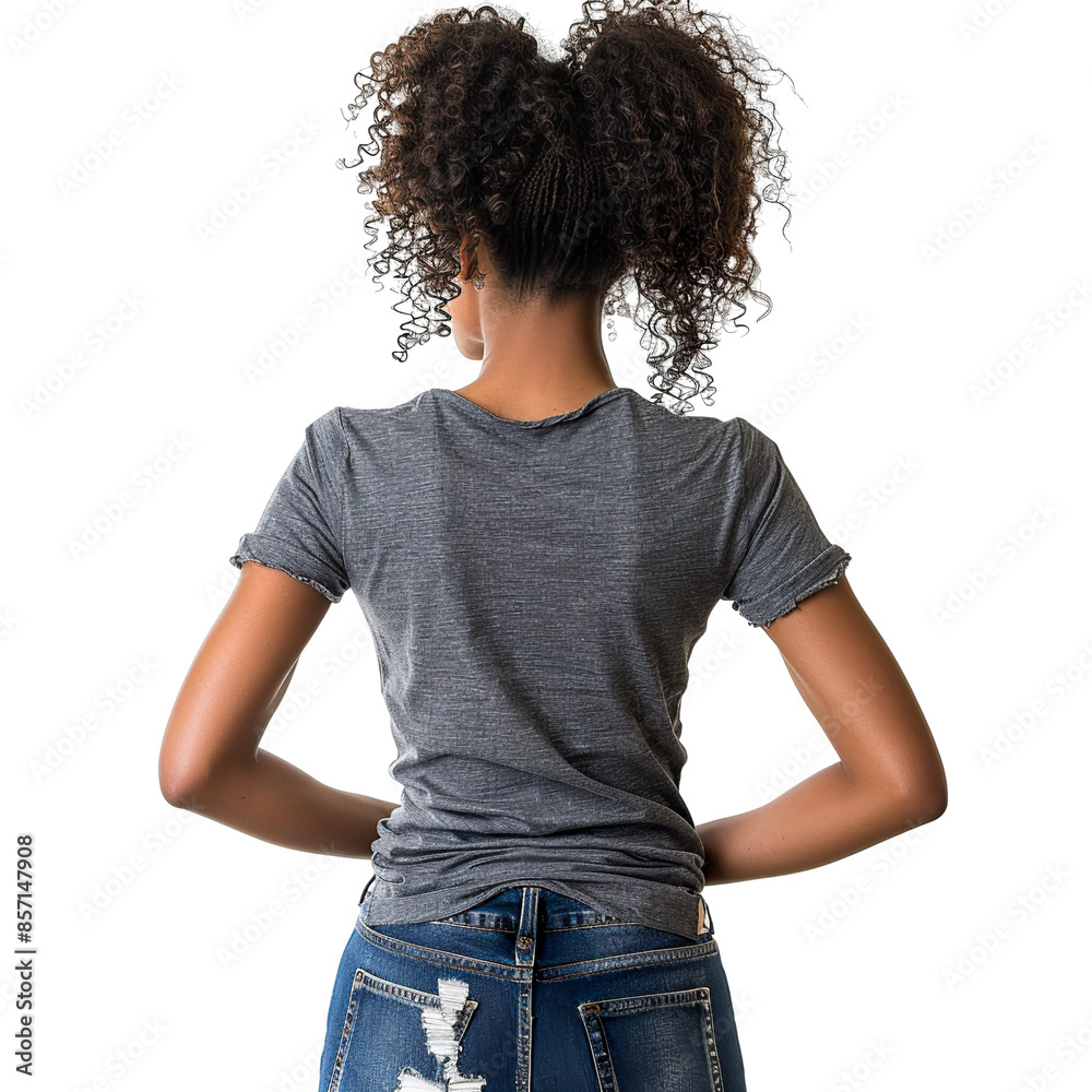 Back view mid body shot of a 25 year old beautiful African woman wearing a grey t-shirt and ripped jeans isolated on a white transparent background Back view mid body shot of a 25 year old beautiful African woman wearing a grey t-shirt and ripped jeans isolated on a white transparent background