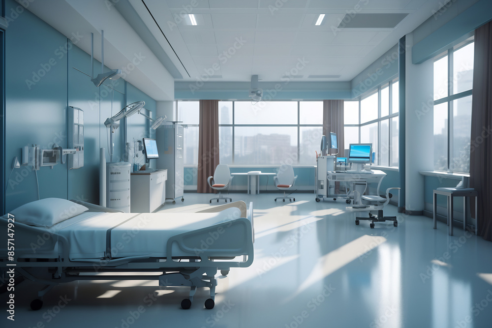 Hospital intensive care ward with empty beds. Modern clinic with advanced equipment. Best medical healthy treatment center Hospital intensive care ward with empty beds. Modern clinic with advanced equipment. Best medical healthy treatment center