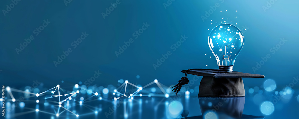 Bachelor cap on a light bulb smart education blue background. Bachelor cap on a light bulb smart education blue background.