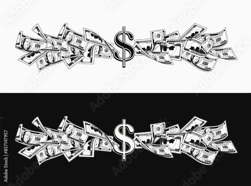 Money horizontal composition, banner with 100 dollar notes, banknotes, bills. Dollar sign in center. Illustration, design element in vintage style.