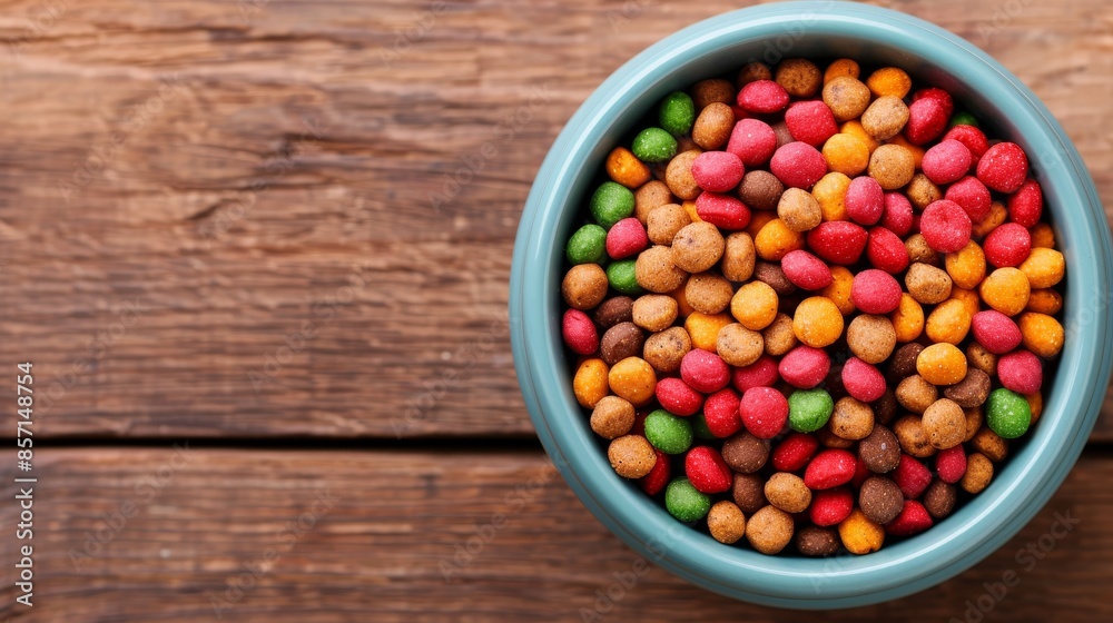 close up of blue bowl filled with colorful dog food on wooden table. close up of blue bowl filled with colorful dog food on wooden table.