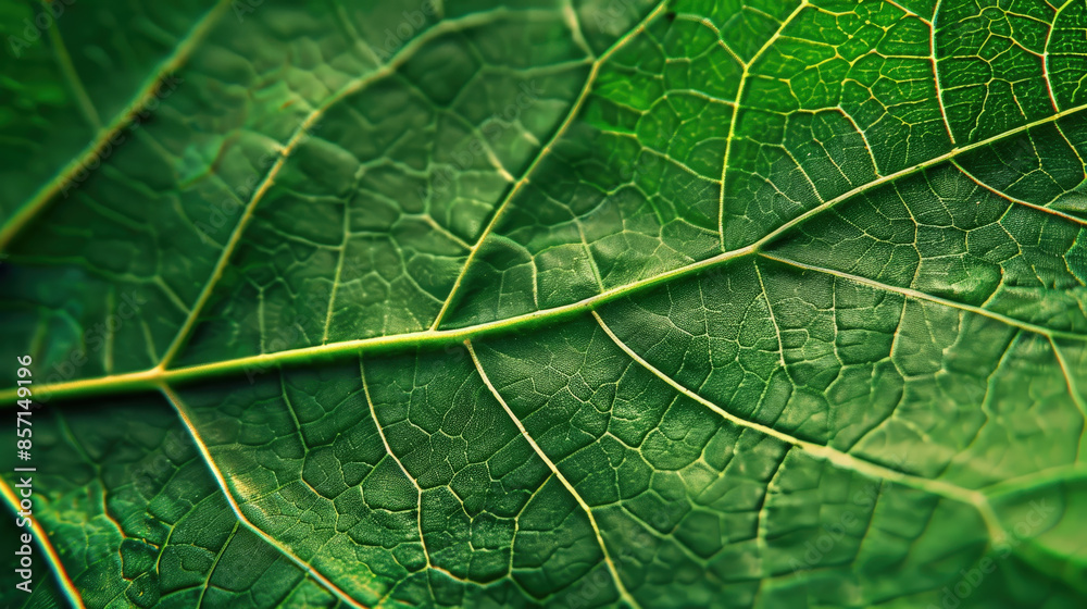 Fototapeta premium Close-Up of a Green Leaf Showing Intricate Veins and Texture in Natural Light