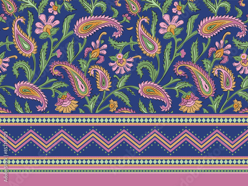 COLORFUL PAISLEY FLORAL SEAMLESS PATTERN WITH BORDER ALL OVER PRINT VECTOR ILLUSTRATION