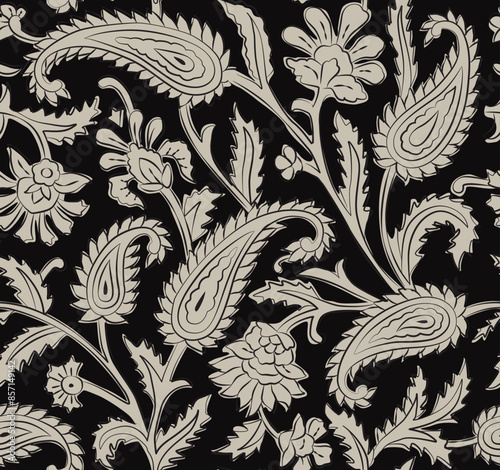 MONOCHROME PAISLEY FLORAL SEAMLESS PATTERN ALL OVER PRINT VECTOR ILLUSTRATION