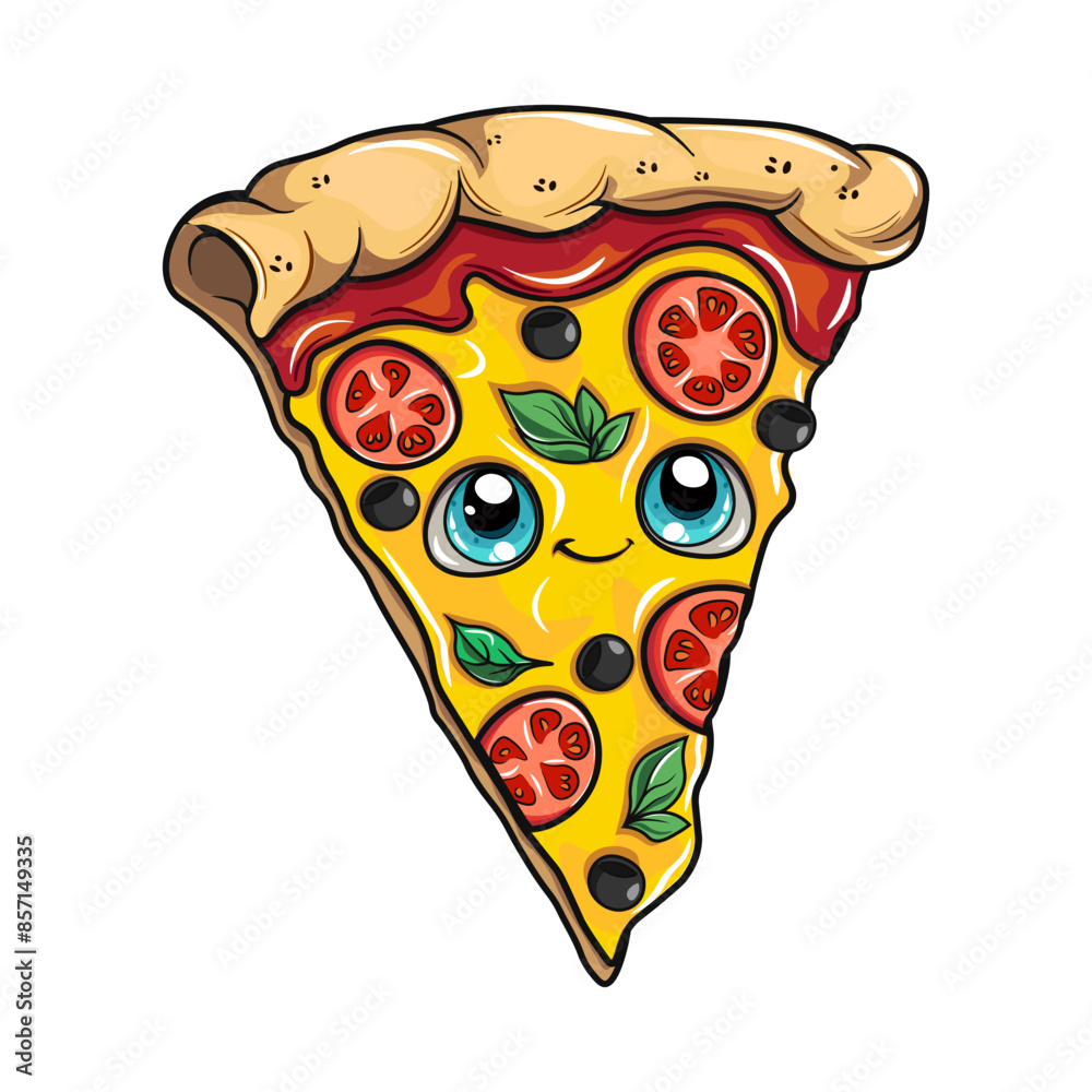 Cute piece of pizza. Vector hand drawn cartoon kawaii character illustration icon. Isolated on white background. Piece of pizza character concept Cute piece of pizza. Vector hand drawn cartoon kawaii character illustration icon. Isolated on white background. Piece of pizza character concept