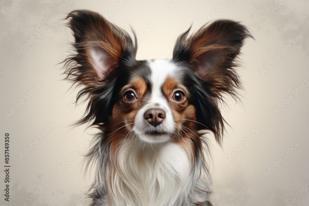 Portrait of a funny papillon dog while standing against plain white digital canvas Portrait of a funny papillon dog while standing against plain white digital canvas