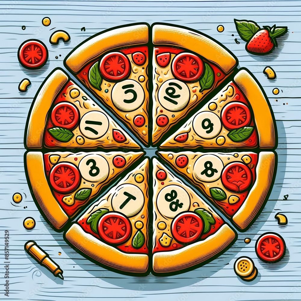 An illustration showing pizza divided into eight slices, serving as an ...