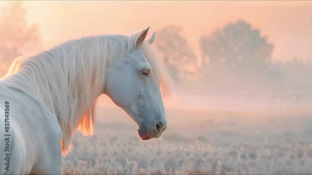 Graceful white horse poses in golden hour misty field landscape scene ...