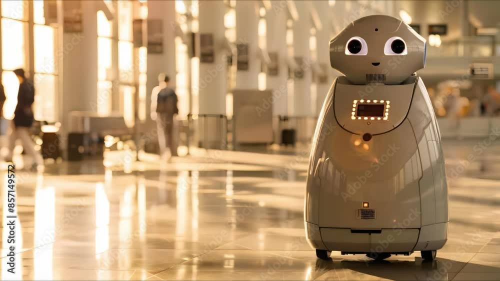 Hightech security robot patrols airport terminal ensuring safety with futuristic precision. Concept Airport Security, Robot Technology, Futuristic Solutions, Safety Measures, Terminal Monitoring Hightech security robot patrols airport terminal ensuring safety with futuristic precision. Concept Airport Security, Robot Technology, Futuristic Solutions, Safety Measures, Terminal Monitoring