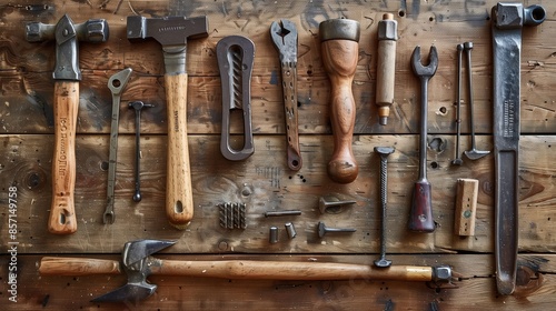 A collection of traditional carpentry tools like braces, bits, and vintage hammers, laid out in an organized manner on a weathered wooden workbench.