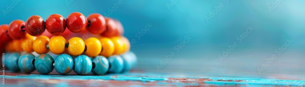 colorful wooden beads on blue background - macro photography of jewelry. colorful wooden beads on blue background - macro photography of jewelry.