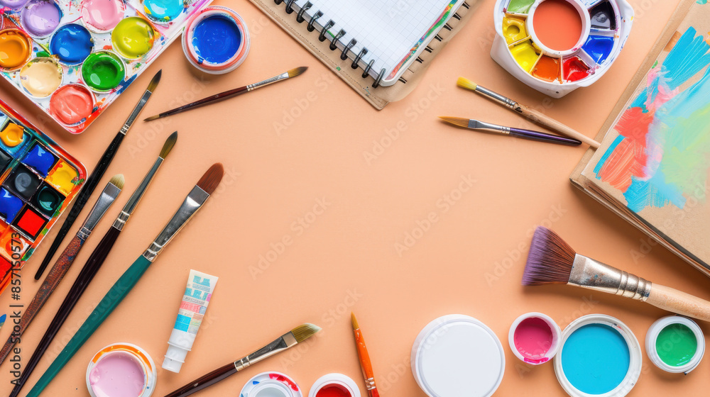 Art supplies including brushes, paints, palette, and notebook arranged in a creative layout on a peach-colored background.