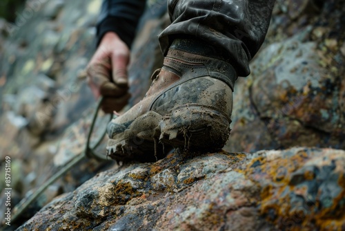 Climber's Foot on Rock Face Demonstrating Precision and Technique in Mountaineering Adventure