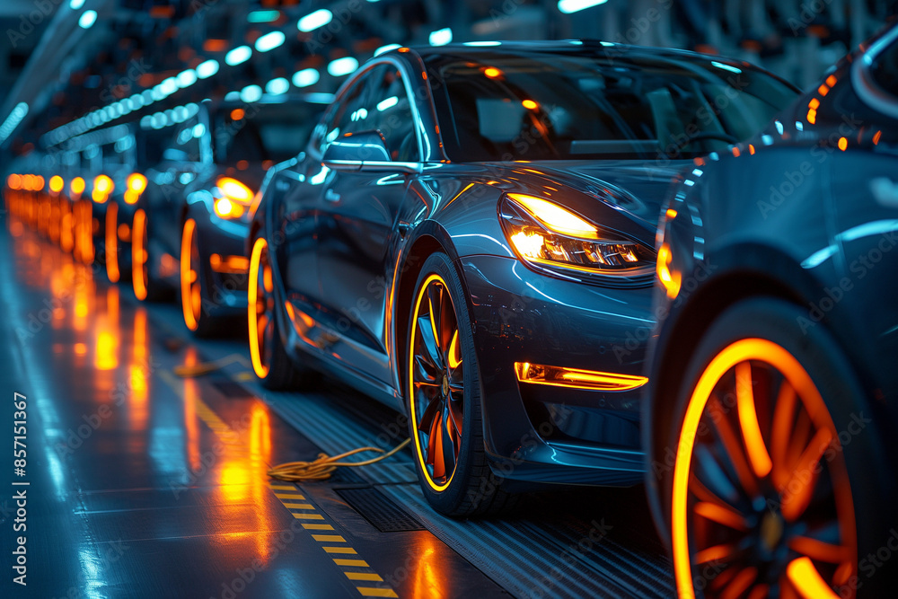 Automated futuristic electric cars factory production line Assembly Line Manufacturing High-Tech Green Energy Electric Vehicles. Automatic Construction Automated futuristic electric cars factory production line Assembly Line Manufacturing High-Tech Green Energy Electric Vehicles. Automatic Construction