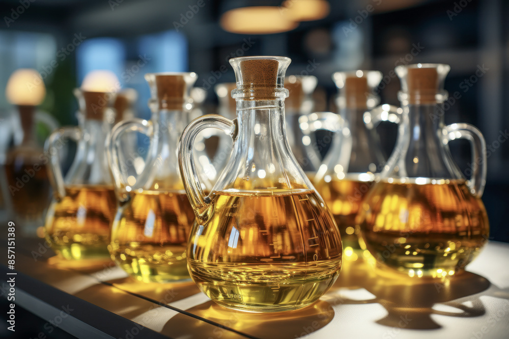 Glass Bottles of Golden Olive Oil in Sunlight Glass Bottles of Golden Olive Oil in Sunlight