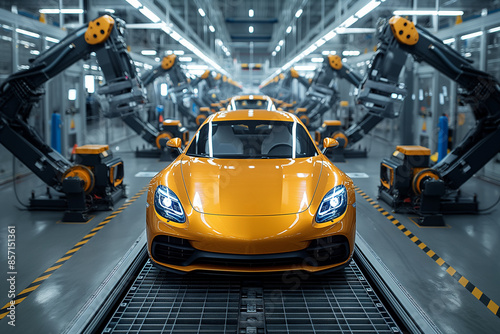 Automated futuristic electric cars factory production line Assembly Line Manufacturing High-Tech Green Energy Electric Vehicles. Automatic Construction © Rattanapon