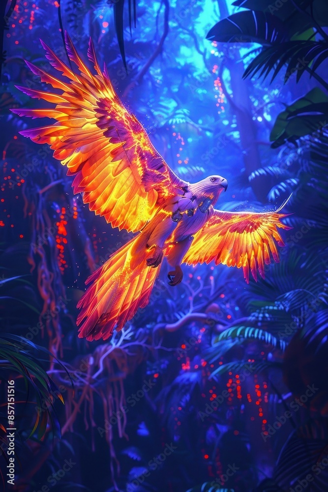 A vibrant, glowing phoenix soars through a mystical forest illuminated with blue neon light, creating an enchanting, fantastical scene. A vibrant, glowing phoenix soars through a mystical forest illuminated with blue neon light, creating an enchanting, fantastical scene.