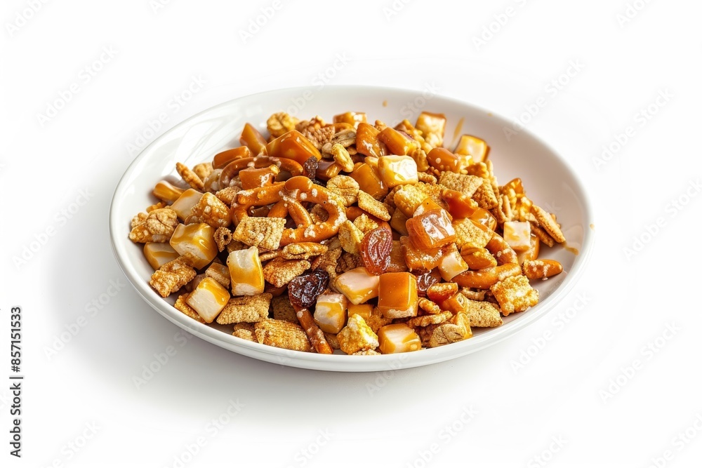 Crispy Cereal and Nut Candied Pretzel Mix in White Bowl Crispy Cereal and Nut Candied Pretzel Mix in White Bowl