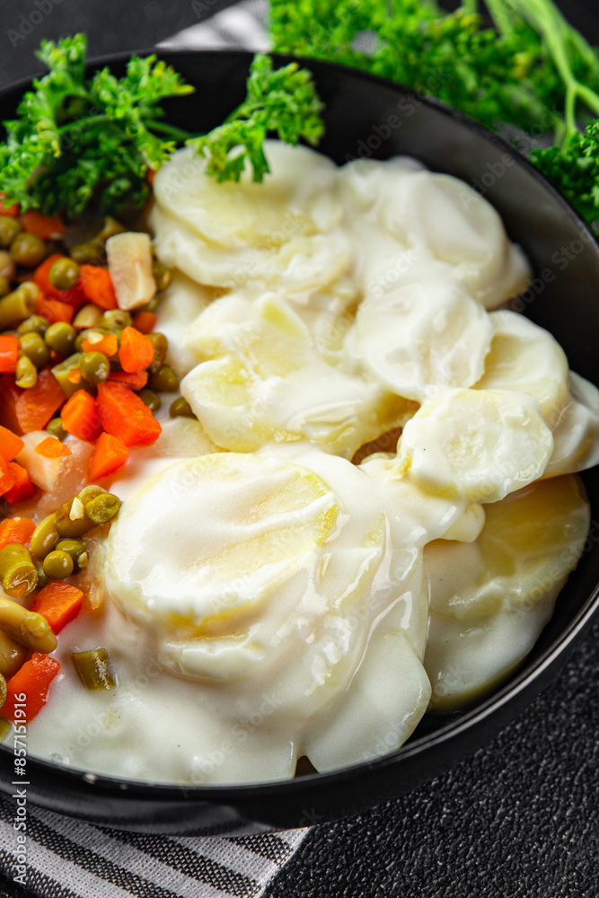 potatoes with vegetables second course natural fresh appetizer meal food snack on the table copy space food background rustic top view keto or paleo diet potatoes with vegetables second course natural fresh appetizer meal food snack on the table copy space food background rustic top view keto or paleo diet
