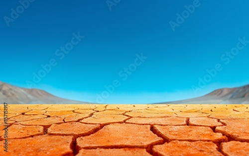 dry cracked earth with blue sky and distant mountains landscape photography.