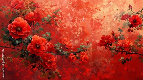 Red Floral Branch With Text Space and Blurred Background