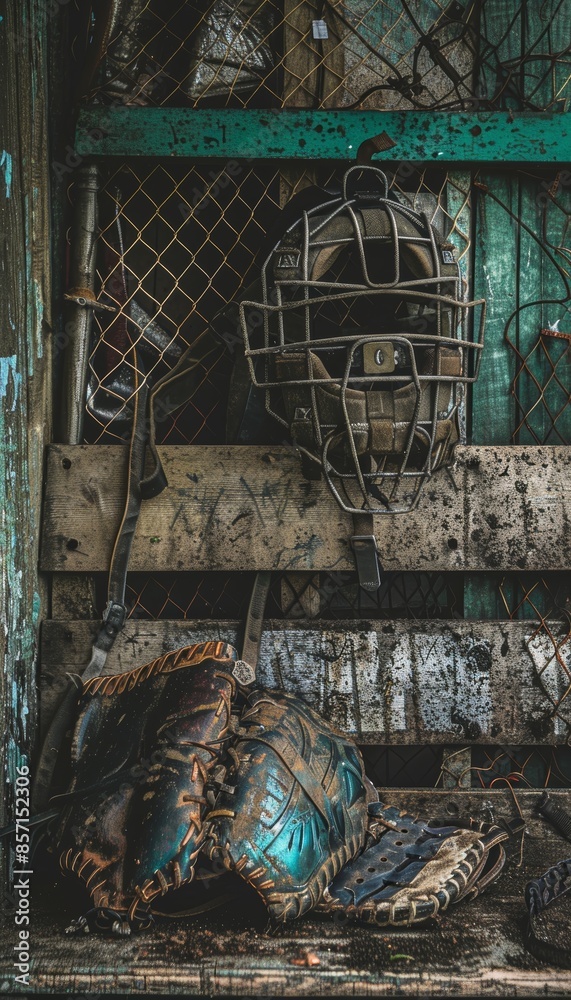 Obraz premium Baseball Catcher's Gear Neatly Arranged on Dugout Bench - Sports Equipment for Game Preparation