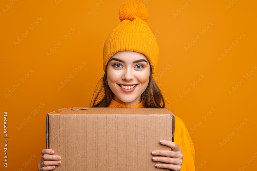 Young happy woman in hat holds a cardboard box for moving to her new apartment on yellow background Young happy woman in hat holds a cardboard box for moving to her new apartment on yellow background