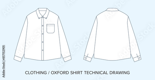 Blank Oxford Shirt Technical Drawing, Apparel Blueprint for Fashion Designers. Detailed Editable Vector Illustration, Black and White Clothing Schematics, Isolated Background