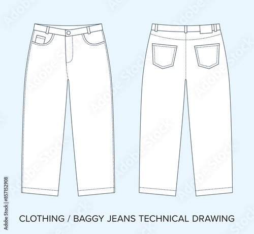 Baggy Denim Jeans with Pockets, Technical Drawing, Apparel Blueprint for Fashion Designers