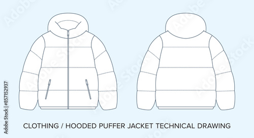 Blank Hooded Puffer Jacket Technical Drawing, Apparel Blueprint for Fashion Designers. Detailed Editable Vector Illustration, Black and White Clothing Schematics, Isolated Background