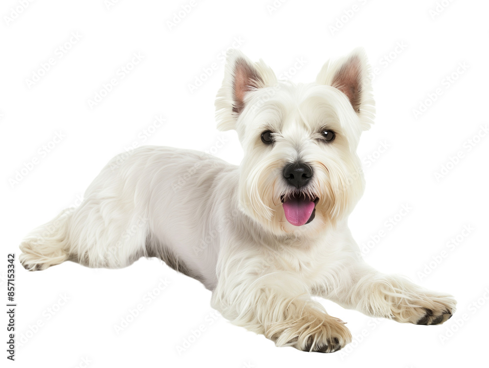 Full body shot of West Highland White Terrier dog, lying down, smiling. Full body shot of West Highland White Terrier dog, lying down, smiling.