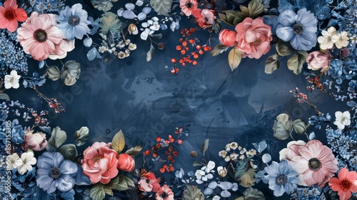 Elegant Floral Frame With Pink and Blue Flowers on a Deep Blue Background