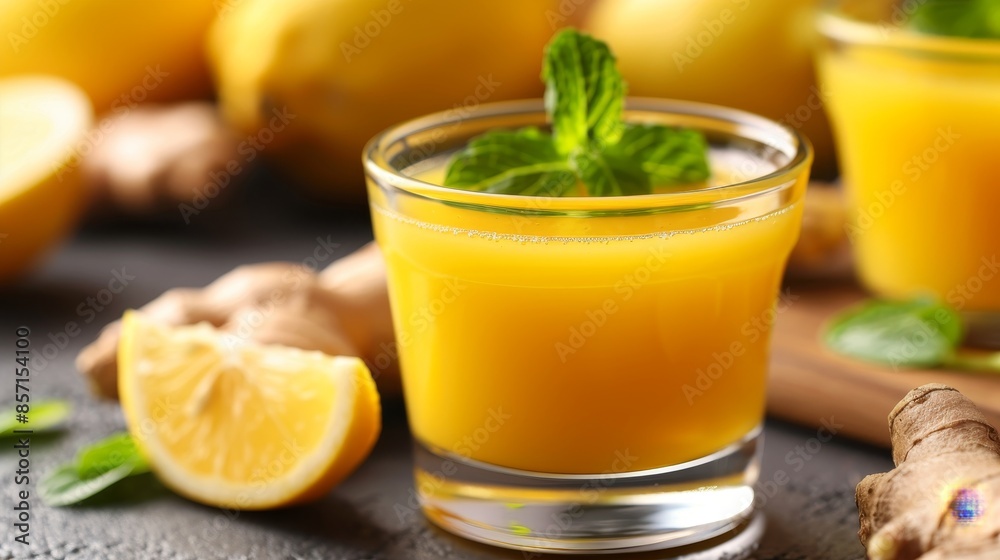 refreshing homemade ginger lemon juice with mint garnish - healthy beverage. refreshing homemade ginger lemon juice with mint garnish - healthy beverage.