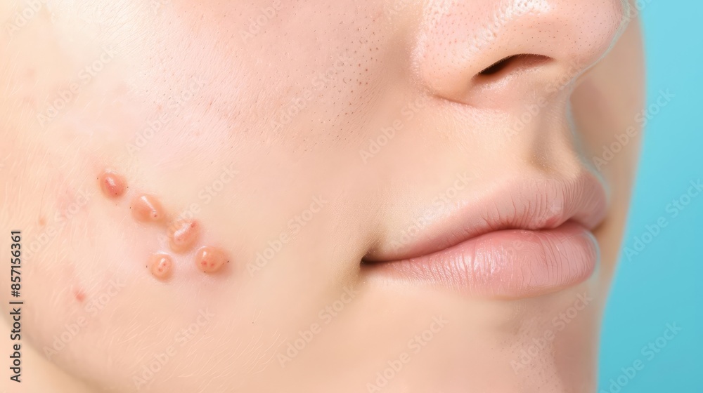 Acne breakout on teenager s face, Skin problem, Realistic close-up of inflamed acne lesions Acne breakout on teenager s face, Skin problem, Realistic close-up of inflamed acne lesions