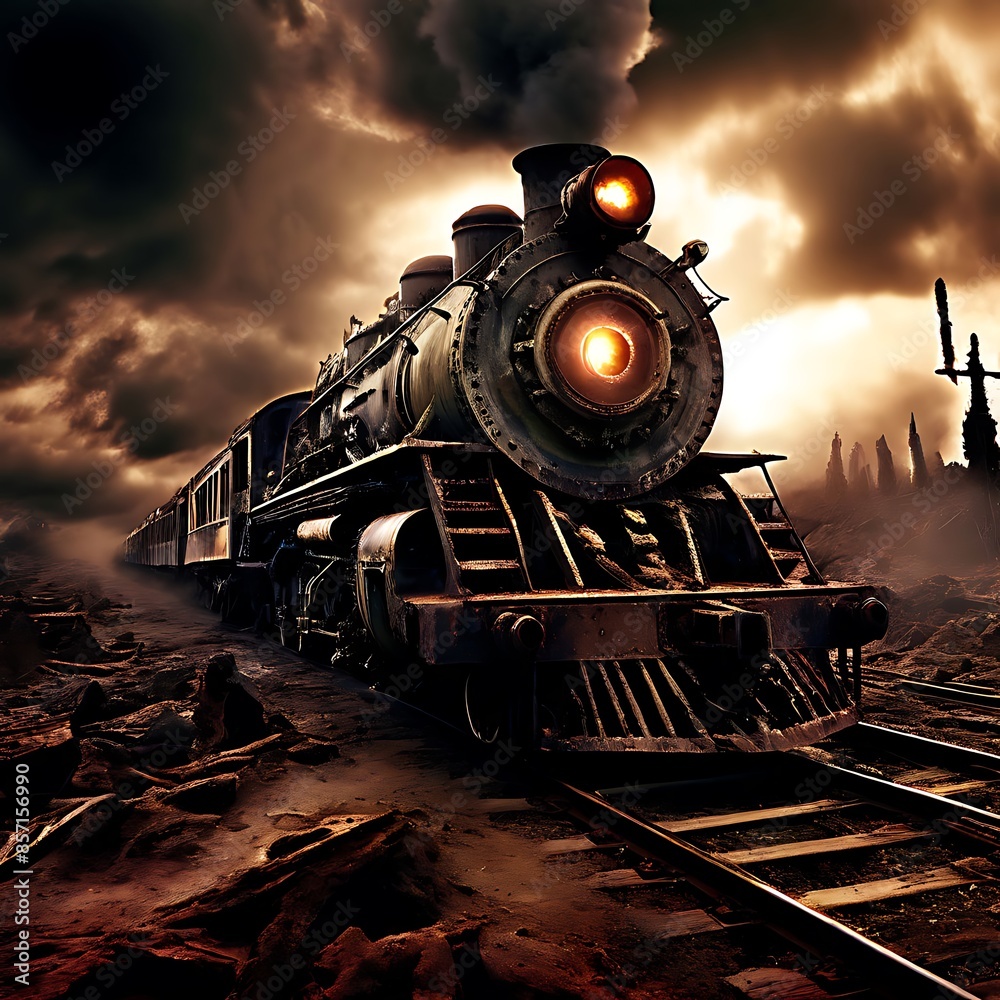 Naklejka premium An old, apocalyptic, destroyed steampunk train trapped in the vortex of a 'day after tomorrow' time-space capsule
