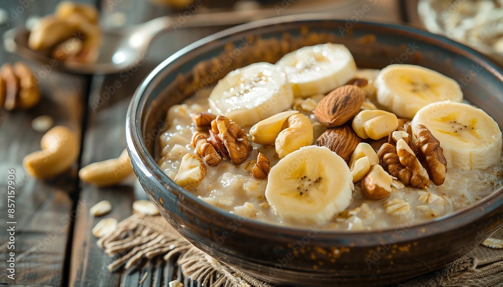 Bowl of oatmeal topped with bananas and nuts, rustic setting Bowl of oatmeal topped with bananas and nuts, rustic setting
