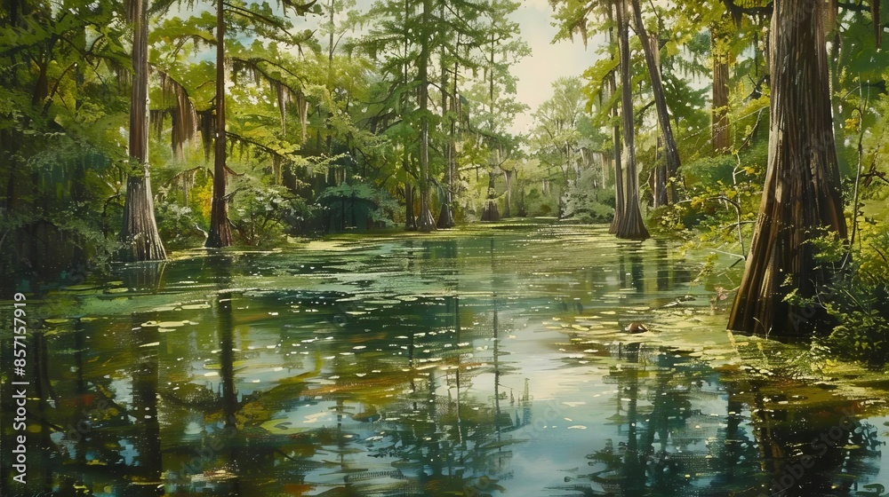 A bayou, with still waters reflecting the surrounding cypress trees and Spanish moss. A bayou, with still waters reflecting the surrounding cypress trees and Spanish moss.