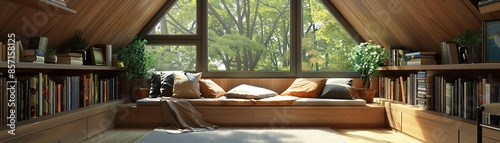 Cozy attic bedroom with bookshelves, natural light through large windows