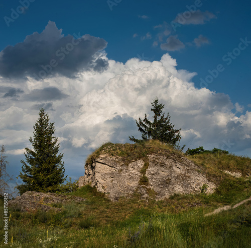 Sand rock surrounded by green bright vegetation, against the background of a ...