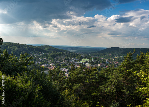 Top view of the fortress, church, roofs of ancient buildings Kremenets, rays ...