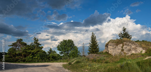 panoramic view Sand cliff and road below surrounded by bright green spruce fo...