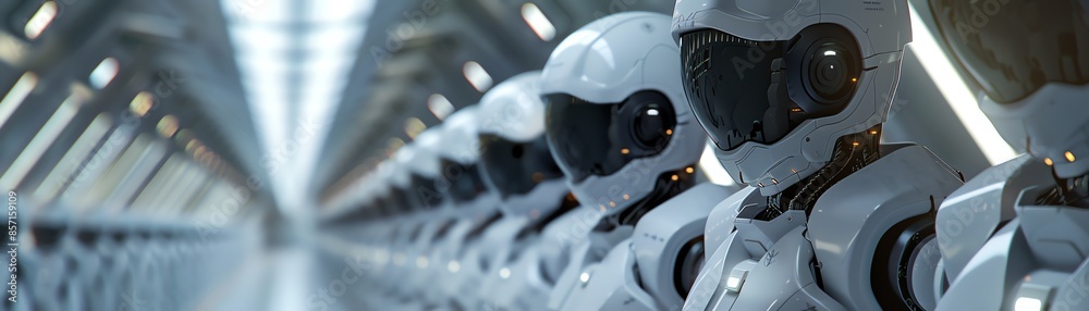 Robots in white armor marching in formation, futuristic corridor, synchronized Robots in white armor marching in formation, futuristic corridor, synchronized
