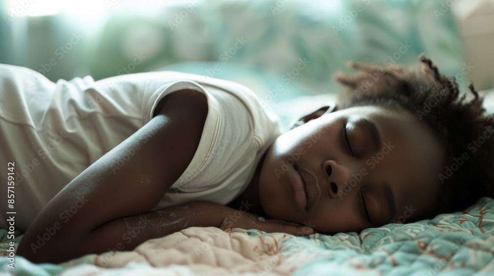 Another child peacefully sleeping on a patterned bed, softly lit by gentle morning light. Another child peacefully sleeping on a patterned bed, softly lit by gentle morning light.