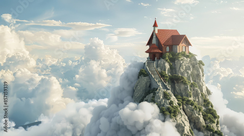 Charming red-roofed house perched on a rocky summit, surrounded by dramatic clouds and a vast sky, evoking a sense of dreamy fantasy. photo