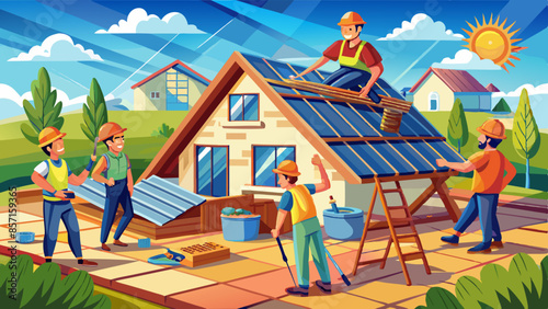 Construction workers install new roofs, electrical boreholes used on new roofs with sheet metal.