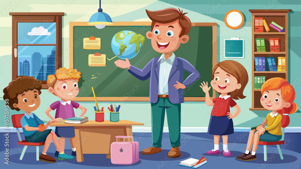 young teacher explaining something on the whiteboard in class.